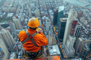 A man in an orange safety vest is eating a sandwich while standing on a ledge in