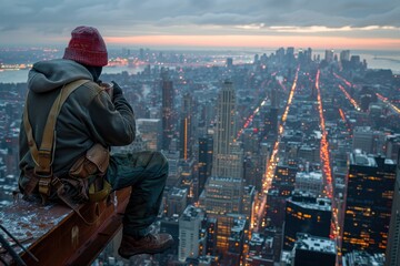 Fototapeta premium A man is sitting on a ledge overlooking a city at night