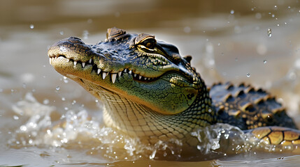 Obraz premium A terrifying crocodile emerging from a murky swamp .