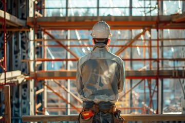 Fototapeta premium A construction worker wearing a hard hat and safety vest stands on a scaffolding