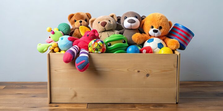 Charity donation box filled with an abundance of toys , overflowing, generosity, charity, donating, toys, giving