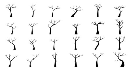Set of Tree without leaves silhouette isolated on white background. Trees for Halloween. Vector illustration