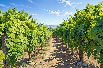 Naklejka premium Lush vineyard under a clear blue sky, capturing the essence of agriculture and scenic beauty.