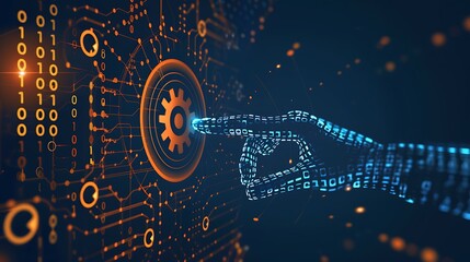 Digital Hand interacts with a gear icon in a futuristic setting, emphasizing the concept of technology and innovation.
