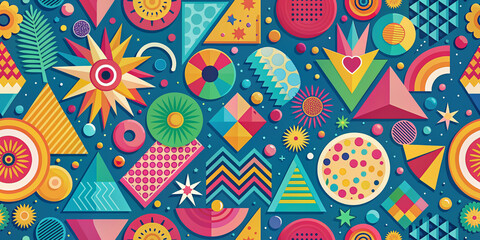 Fototapeta premium Vibrant retro-inspired abstract background featuring stylized geometric shapes, playful decorative elements, and bold summer colors, evoking a fun and carefree nostalgic atmosphere.