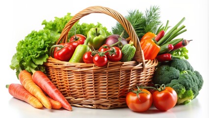 Colorful basket overflowing with fresh organic vegetables such as tomatoes, cucumbers, carrots, broccoli, and lettuce on a clean white copy space background.