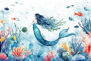 A beautiful mermaid gracefully swims through a vibrant underwater world filled with colorful coral and fish.