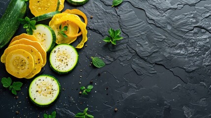 Sliced squash and zucchini on dark background Organic vegetarian food with text space