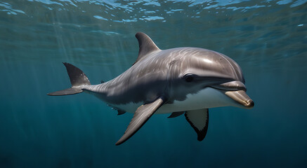 a Vaquita dolphin swimming in its natural marine habitat, capturing its delicate features and serene environment with a clean background and generous copy space.