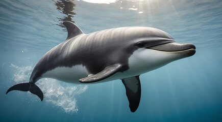 Obraz premium a Vaquita dolphin swimming in its natural marine habitat, capturing its delicate features and serene environment with a clean background and generous copy space.