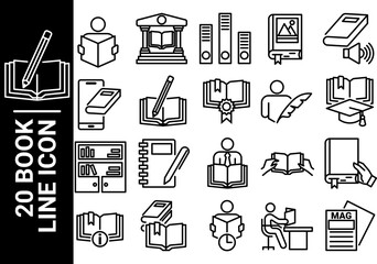 20 book line icon, black and white