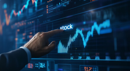 Businessman touching rising graph line icon with finger on virtual screen for business growth