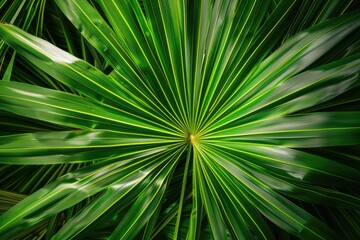 Close-up shot of a green palm leaf with intricate details