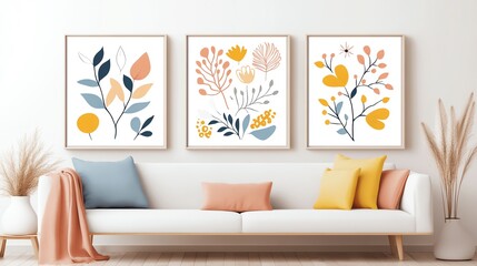 Stylish living room featuring framed botanical art on the wall and a cozy sofa with colorful cushions, perfect for modern interiors.