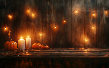 Halloween background with wooden table, candles and pumpkins on the dark wood wall with string lights