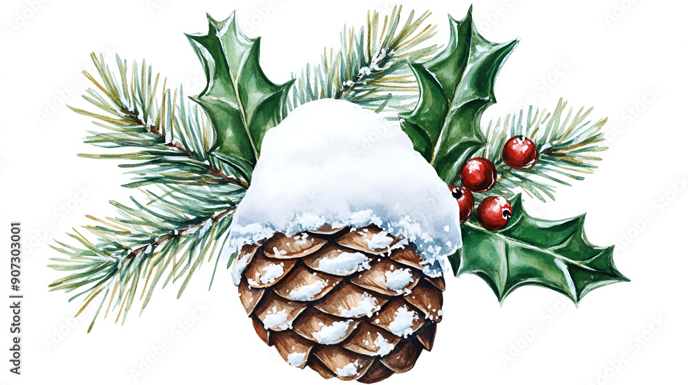 Wall mural Watercolor Winter Pine Cone with Holly and Snow