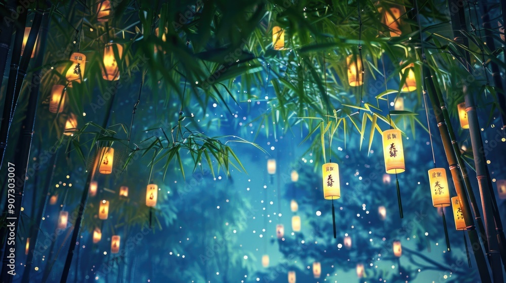 Poster a group of lanterns hung from a bamboo tree, adding warmth and ambiance to the surrounding area