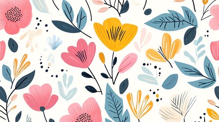 A vibrant and colorful floral pattern featuring various flowers and leaves, perfect for spring-themed designs and backgrounds.