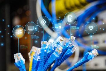 LAN internet network cable with computer data link connect cloud computing server icons for fiber...