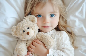 A young girl cuddles her teddy bear while resting comfortably indoors