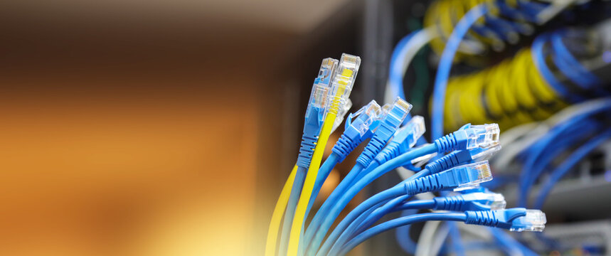 Lots of RJ45 UTP Cat6 LAN internet network cable fiber optic and Ethernet cables for computer data link connect cloud computing server networking devices system switch wifi or hub router.