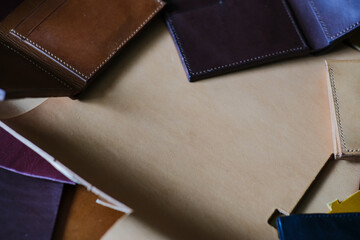 Genuine bifold wallet leather working with tool craftmanship on leather background handmade wallet