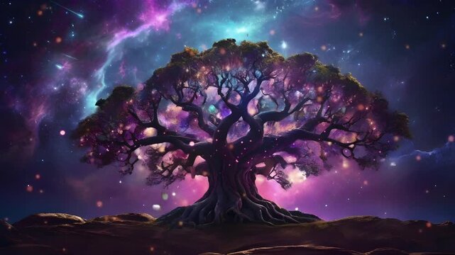A big fairy tale magic tree with galaxy background. Seamless 4K looping timelapse video animation generated AI