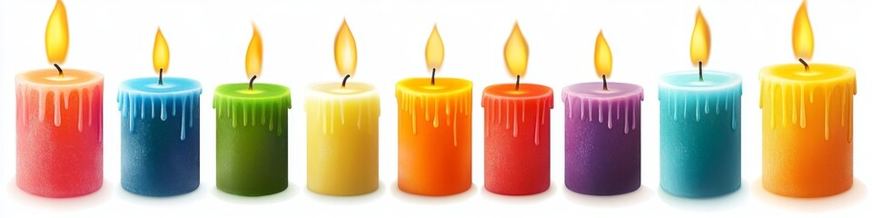  Vibrant Collection of Colorful Burning Candles Isolated on White Background: Illuminating Ambiance for Celebrations and Events. Diverse Wax Candles with Glowing Flames Create Festive Atmosphere for B