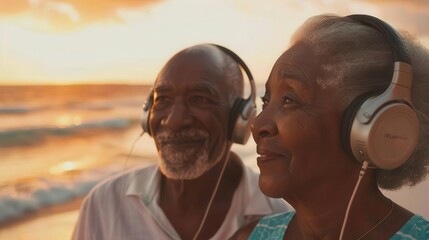 Senior couple listening to music together on a beach at sunset. For Social media decor. Commercial use, 300 dpi.