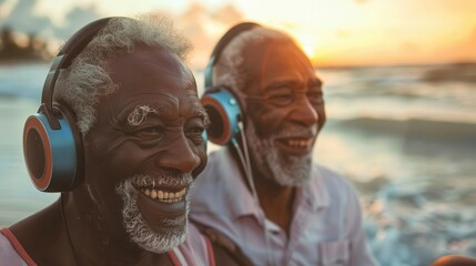 Two happy senior men listening to music on the beach at sunset. For Social media decor. Commercial use, 300 dpi.