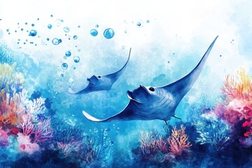 A vibrant underwater scene featuring graceful stingrays swimming amidst colorful coral and bubbles.