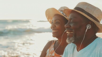 Retro image of Smiling senior couple listening to music on the beach at sunset. For Social media decor. Commercial use, 300 dpi
