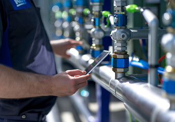 Obraz premium Technician Using Tablet to Monitor Industrial Valves 
