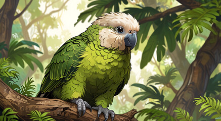 Obraz premium portrait of a Kakapo parrot perched in a lush forest canopy, capturing its detailed feathers and vibrant colors with a neutral background and ample copy space.