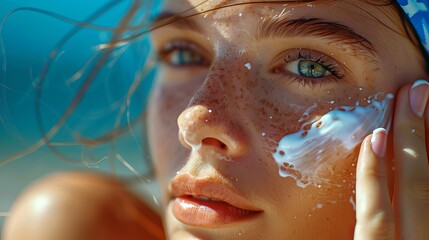 A close-up of a person applying sunscreen lotion to their face, with emphasis on even coverage and skin protection, high detail