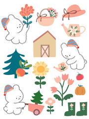 Fototapeta premium christmas greeting card, flowers in pots, rabbit with gift, bunny and Santa, Christmas and cute bunny, element Christmas animal, card Christmas, set cute Christmas, draw vector cute bunny in garden 