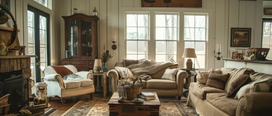 Cozy rustic farmhouse living room with vintage decor