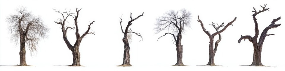 Fototapeta premium Majestic Collection of Giant Dead Trees Isolated on White Background: Striking Silhouettes for Artistic and Environmental Concepts. Ancient Bare Branches Showcase Nature's Resilience and Time's Passag