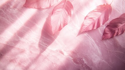 Fototapeta premium Stylish pink marble wall with delicate white veins and leaf shadows created by light rays, perfect for product presentations.