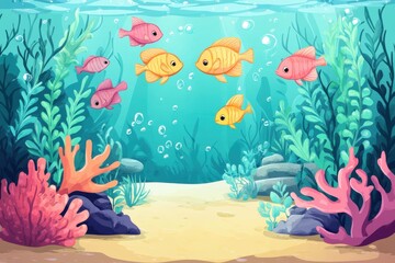 Obraz premium Colorful underwater scene with vibrant fish swimming among lush coral and seaweed, showcasing marine life and ocean beauty.