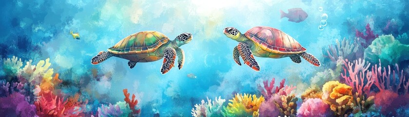 Obraz premium Two vibrant sea turtles swim gracefully amidst colorful coral reefs, showcasing the beauty of marine life in a serene underwater scene.