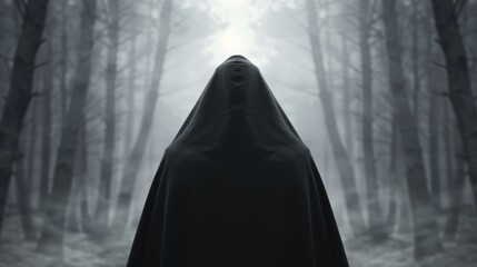 Cloaked and hooded figure navigating an ancient forest at midnight, shadows and fog blending to create a spooky, mysterious atmosphere