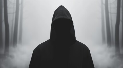 Hooded silhouette on a forest trail, dense fog, dark and foreboding atmosphere, ominous shadows