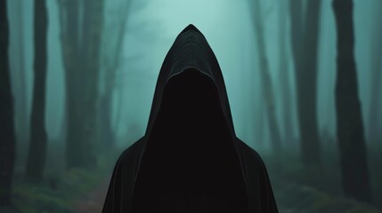 Hooded figure in the heart of the forest, narrow path leading into darkness, dense fog, spooky and mysterious vibe