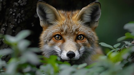 Fototapeta premium A fox is peeking out from behind some leaves