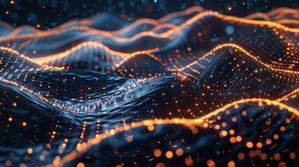 Futuristic Data Visualization: Dynamic 3D Tech Landscape with Hyperrealistic 8k Particles and Abstract Yellow Digital Network