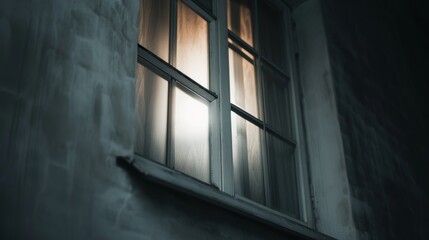 Mysterious figure lurking behind the windows of a dilapidated house, dim light and eerie atmosphere, Halloween terror and mystery
