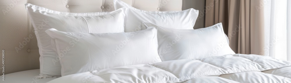 Poster cozy arrangement of white pillows on a bed, creating a serene and inviting atmosphere for rest and r