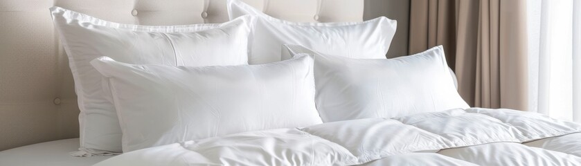 Cozy arrangement of white pillows on a bed, creating a serene and inviting atmosphere for rest and relaxation.