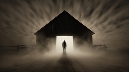 A sinister shadow standing in the old barn's entrance, surrounded by mist and eerie silence, perfect for a Halloween night scare